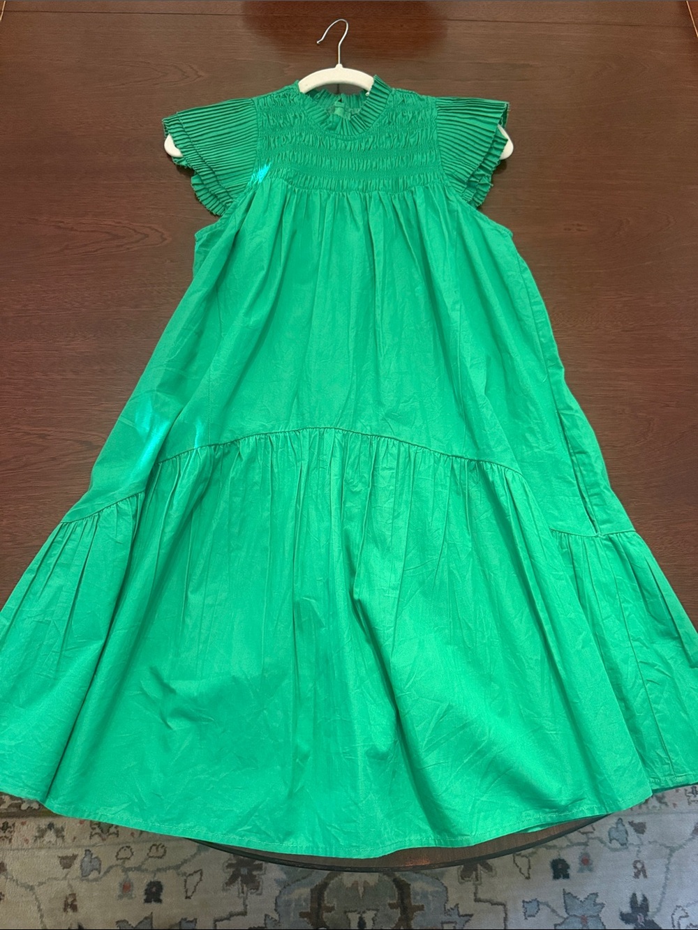 NWT Love the Label Green Poppy Cotton Poplin Smocked Flutter-Sleeve Dress XS